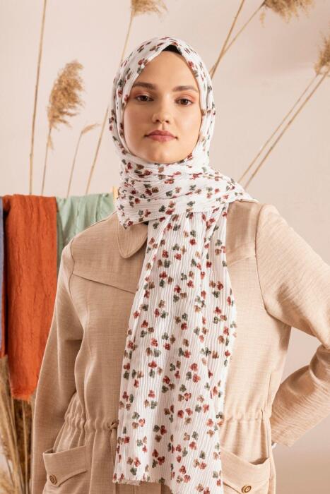 Kadın Çiçek Desenli Kırışmaz Bürümcük Şal 190*80 Cm İNCİ KREM - Jawel