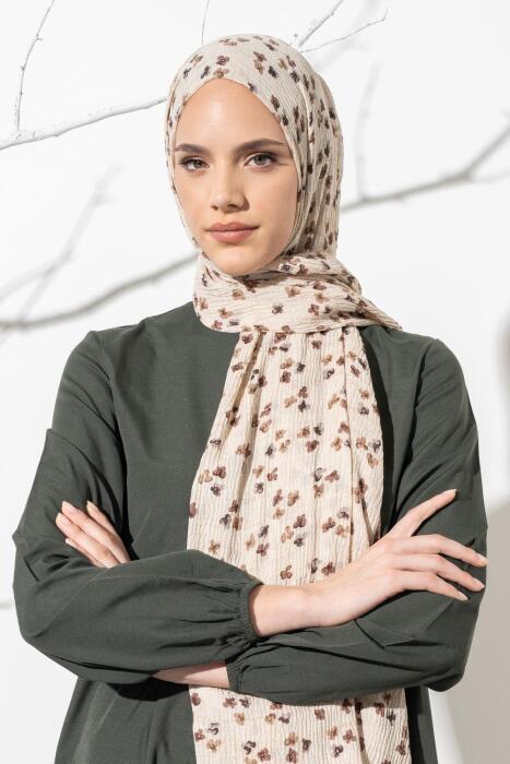 Kadın Çiçek Desenli Kırışmaz Bürümcük Şal 190*80 Cm KREM KAHVE 