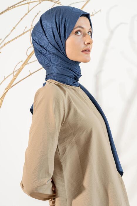 Kadın Piramit Desenli Jakarlı Şal KOYU İNDİGO 