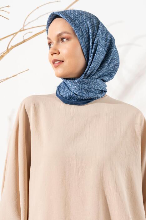 Kadın Küçük Etnik Desen Soft Eşarp KOYU İNDİGO 