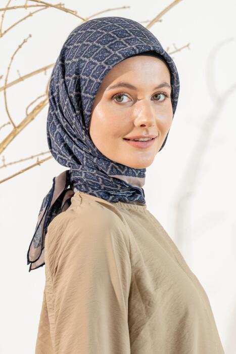 Kadın Küçük Etnik Desen Soft Eşarp LACİVERT-VİZON 