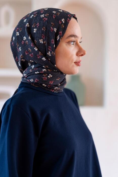 Kadın Çiçek Desenli Kırışmaz Bürümcük Şal 190*80 Cm FÜME 