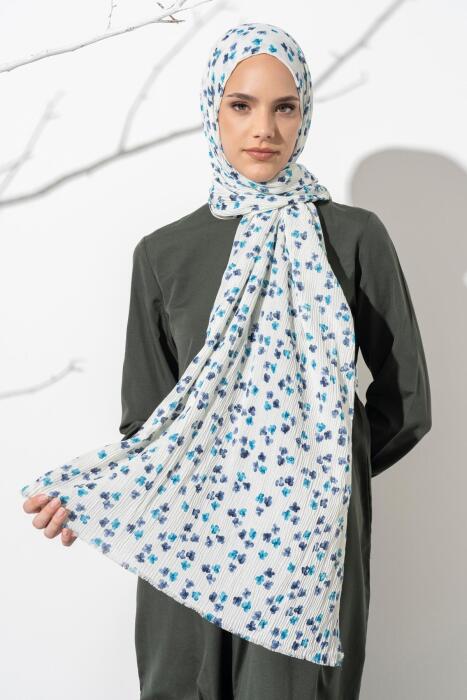 Kadın Çiçek Desenli Kırışmaz Bürümcük Şal 190*80 Cm KREM MAVİ 