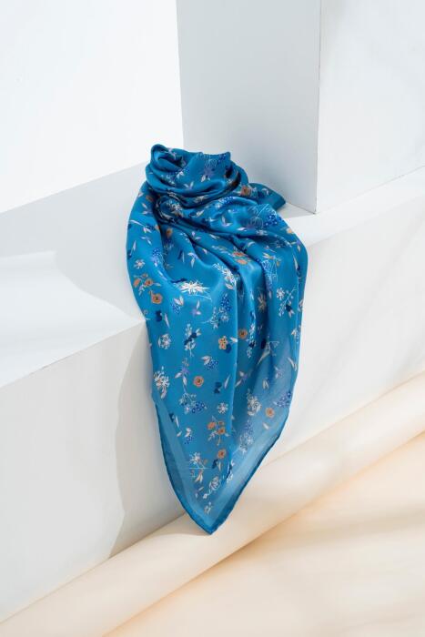 Kadın Digital Baskılı Çiçek Desen Soft Eşarp MAVİ - Jawel