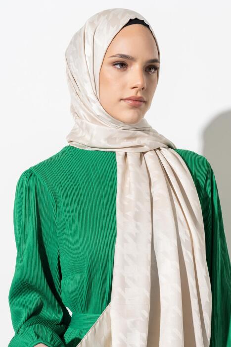 Kadın Tesettür Jakarlı Büyük Desen Kazayağı Şal KREM - Jawel