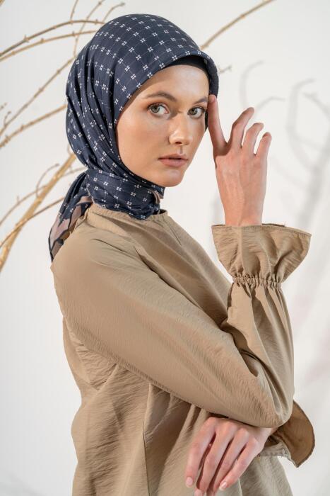 Kadın Küçük Kareli Soft Eşarp LACİVERT-VİZON 