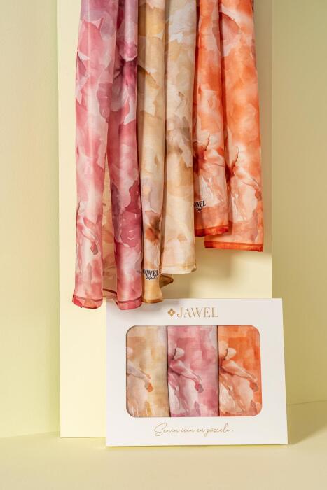 Kadın Aquarelle Soft Şal Paketi (Turuncu-Krem Bordo-Sarı) - Jawel