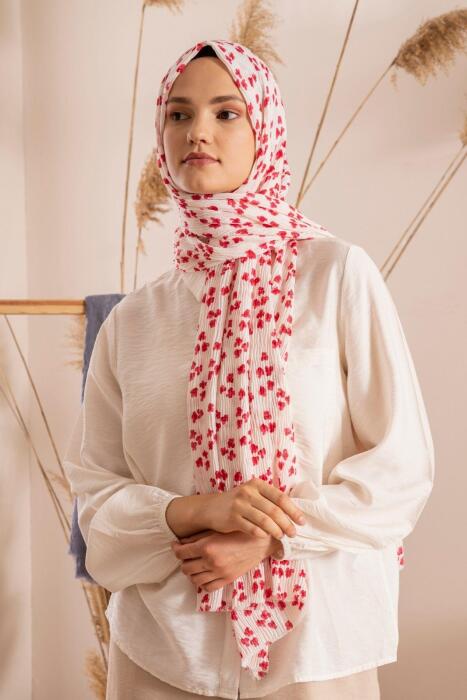 Kadın Çiçek Desenli Kırışmaz Bürümcük Şal 190*80 Cm KREM FUŞYA - Jawel