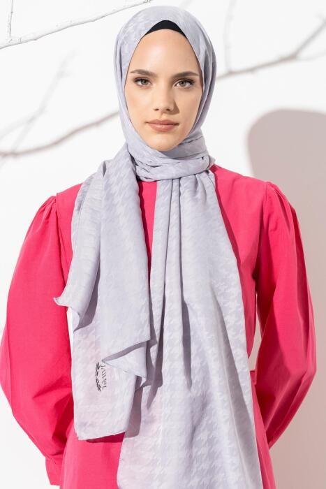 Kadın Tesettür Jakarlı Küçük Desen Kazayağı Şal AÇIK GRİ 