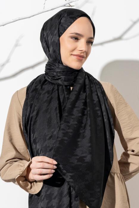 Kadın Tesettür Jakarlı Büyük Desen Kazayağı Şal SİYAH 