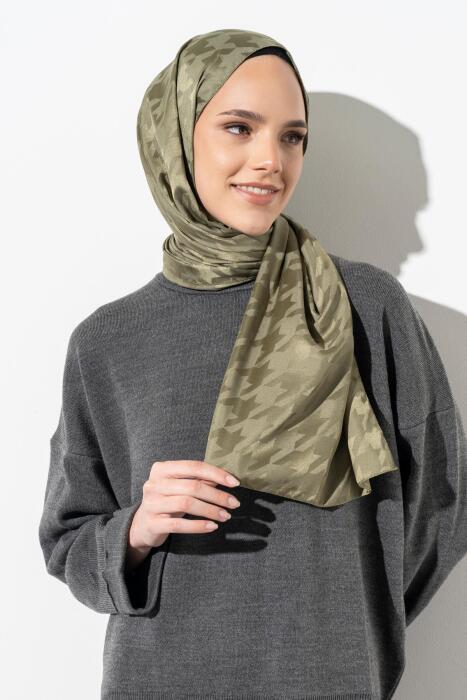 Kadın Tesettür Jakarlı Büyük Desen Kazayağı Şal HAKİ 