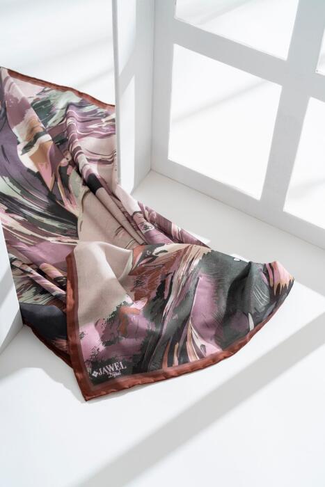 Kadın Digital Baskılı Fırça Desen Soft Eşarp 90x90 Cm AÇIK KAHVE - Jawel
