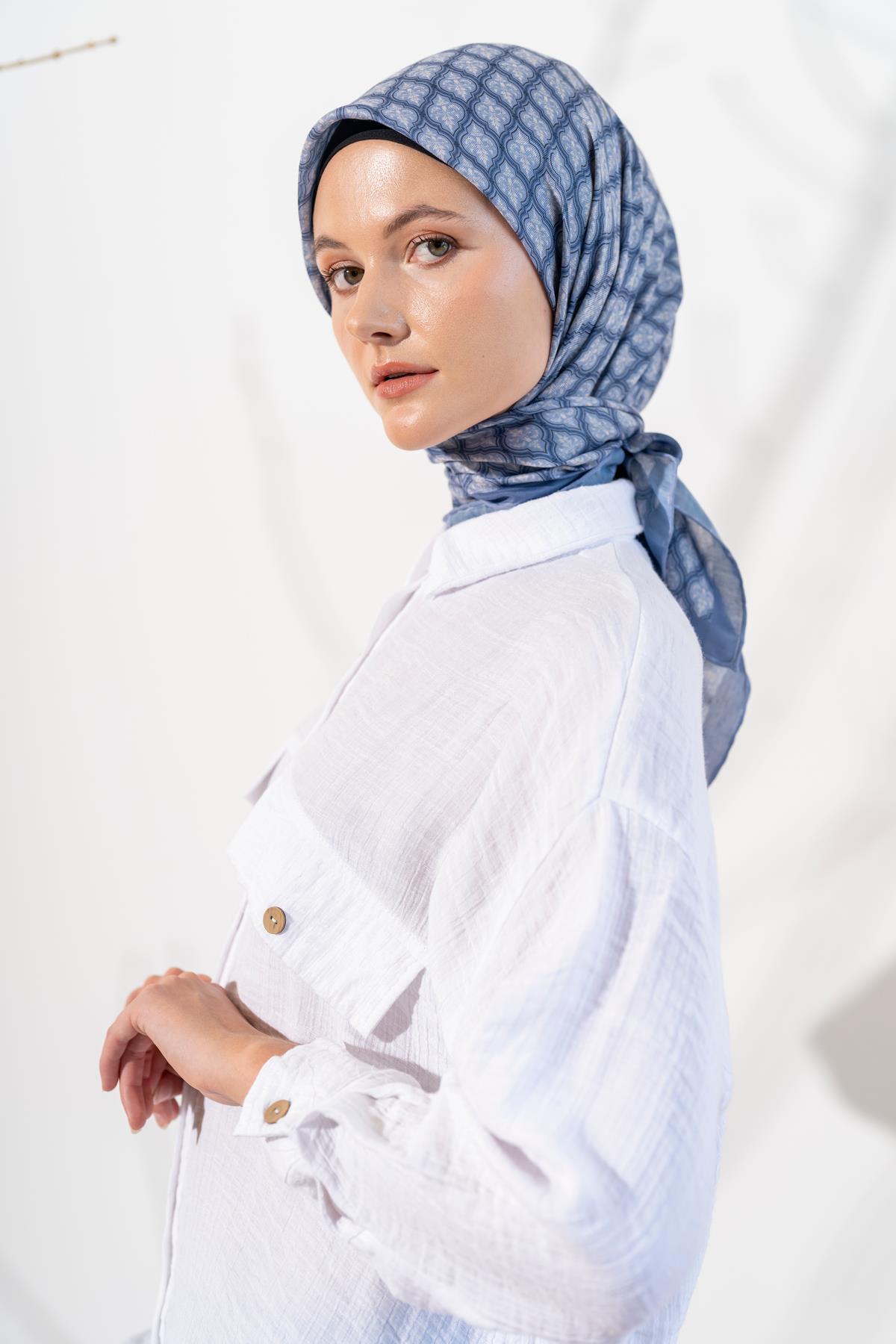 Kadın Küçük Etnik Desen Soft Eşarp İNDİGO