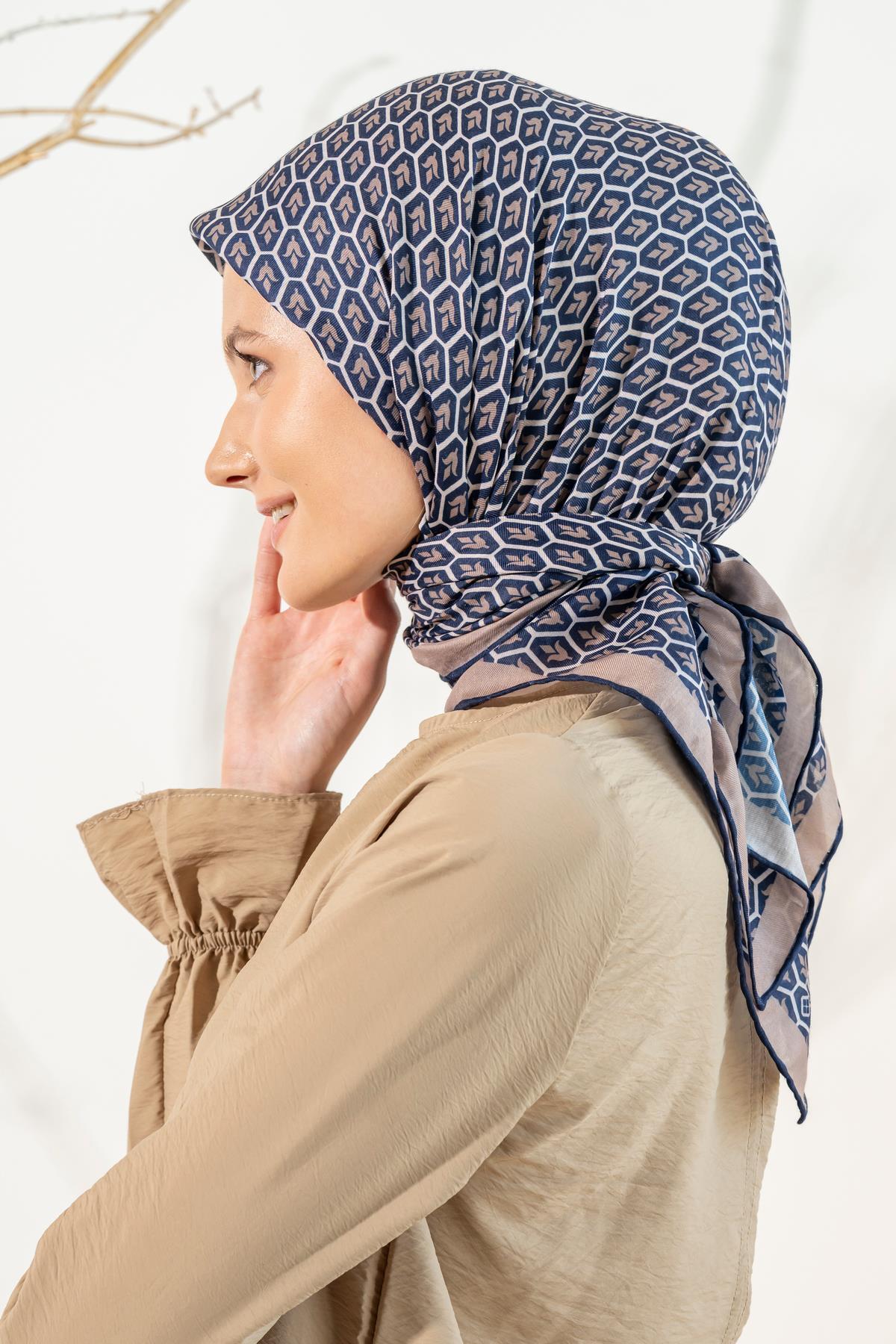 Kadın Lale Desen Soft Eşarp LACİVERT-VİZON
