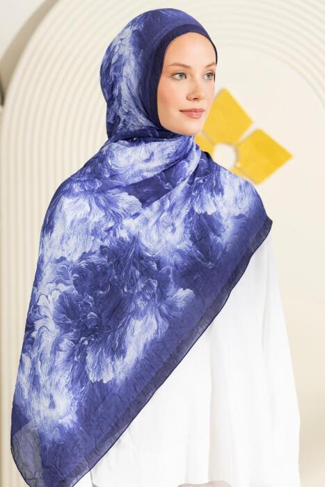 Desenli Kırışık Dokulu Bloom Soft Şal LACİVERT - Jawel