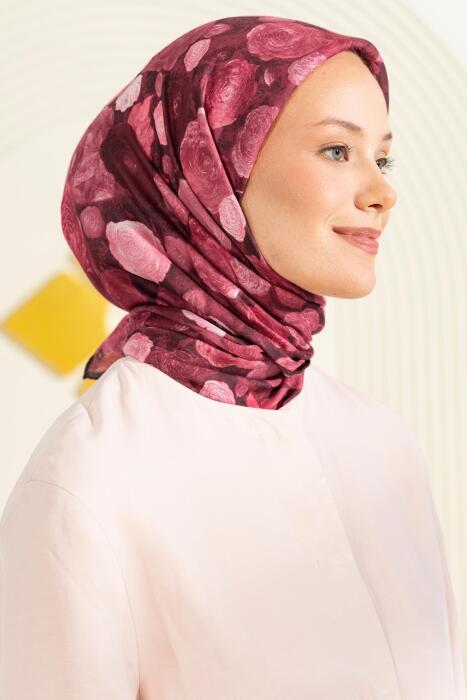 Gül Desenli Soft Eşarp Karia BORDO - Jawel