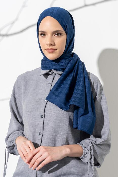 Kadın Tesettür Jakarlı Küçük Desen Kazayağı Şal KOYU İNDİGO 